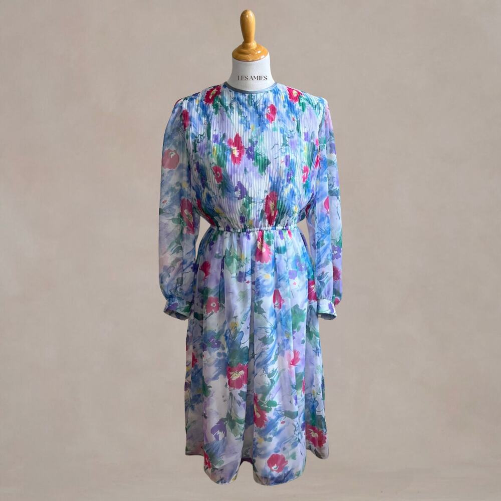 Vintage 80s Lisa Michaels Blue Floral Dress L Made in USA